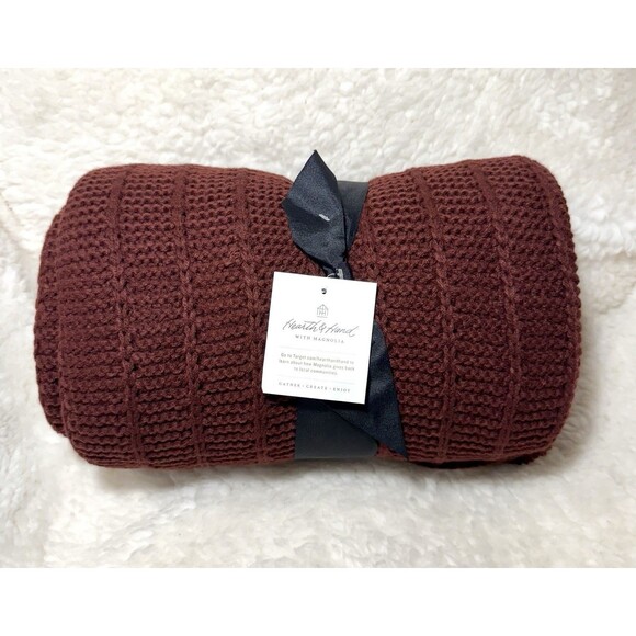 Solid Rib Stripe Knit Throw Blanket Burgundy - Hearth & Hand with Magnolia NEW - Picture 4 of 6